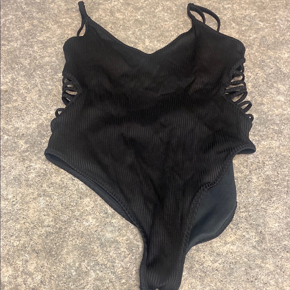 PINK Victoria's Secret Black Ribbed One Piece With Cutout Sides Swimsuit